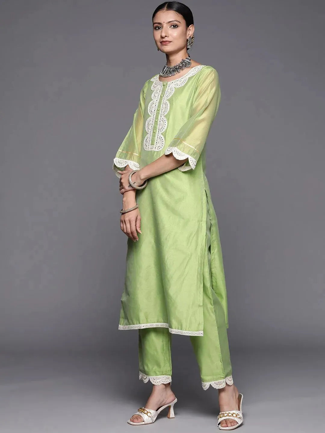 Green Yoke Design Chanderi Silk Straight Suit Set - Libas