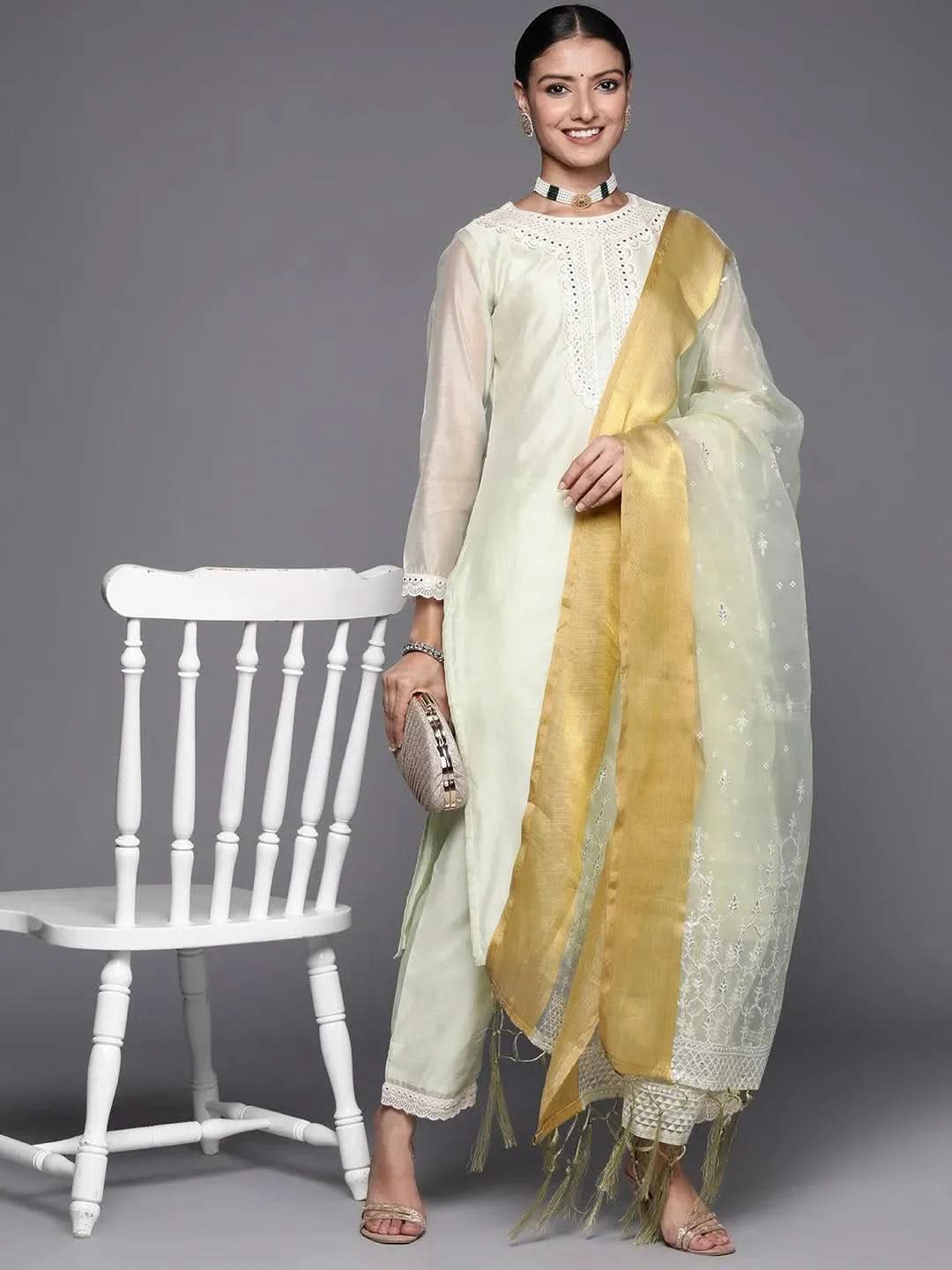 Green Yoke Design Chanderi Silk Straight Suit Set - Libas 