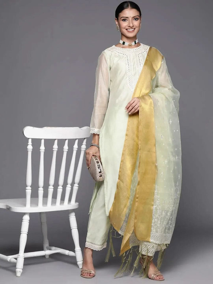 Green Yoke Design Chanderi Silk Straight Suit Set - Libas