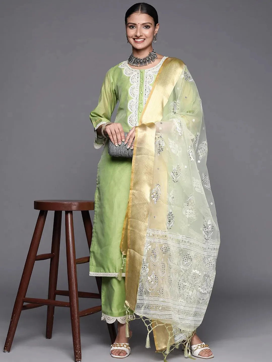 Green Yoke Design Chanderi Silk Straight Suit Set - Libas