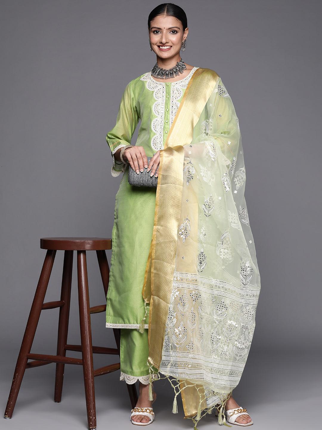 Green Yoke Design Chanderi Silk Straight Suit Set - Libas