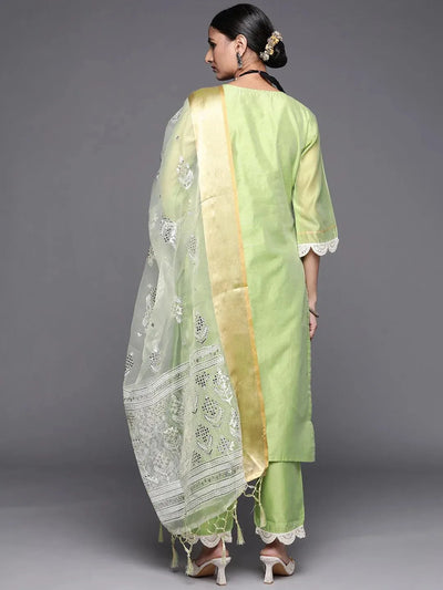 Green Yoke Design Chanderi Silk Straight Suit Set - Libas