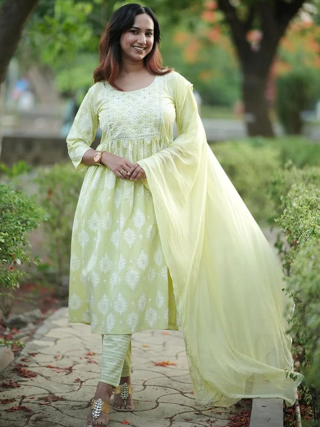 Green Yoke Design Cotton A-Line Kurta With Trousers & Dupatta - Libas 