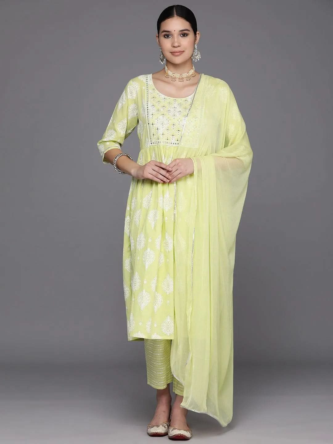 Green Yoke Design Cotton A-Line Suit Set With Trousers - Libas 