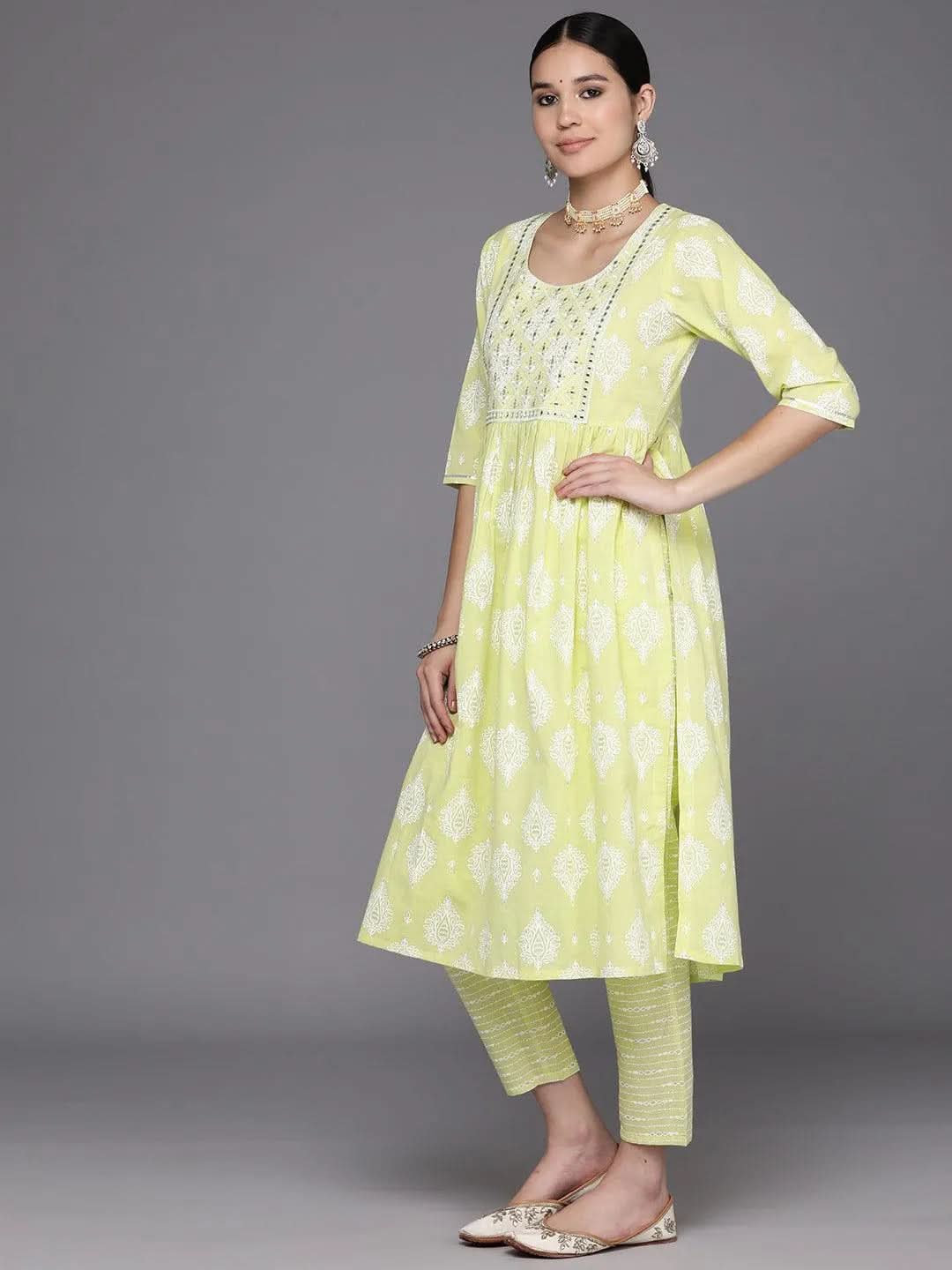 Green Yoke Design Cotton A-Line Suit Set With Trousers - Libas 