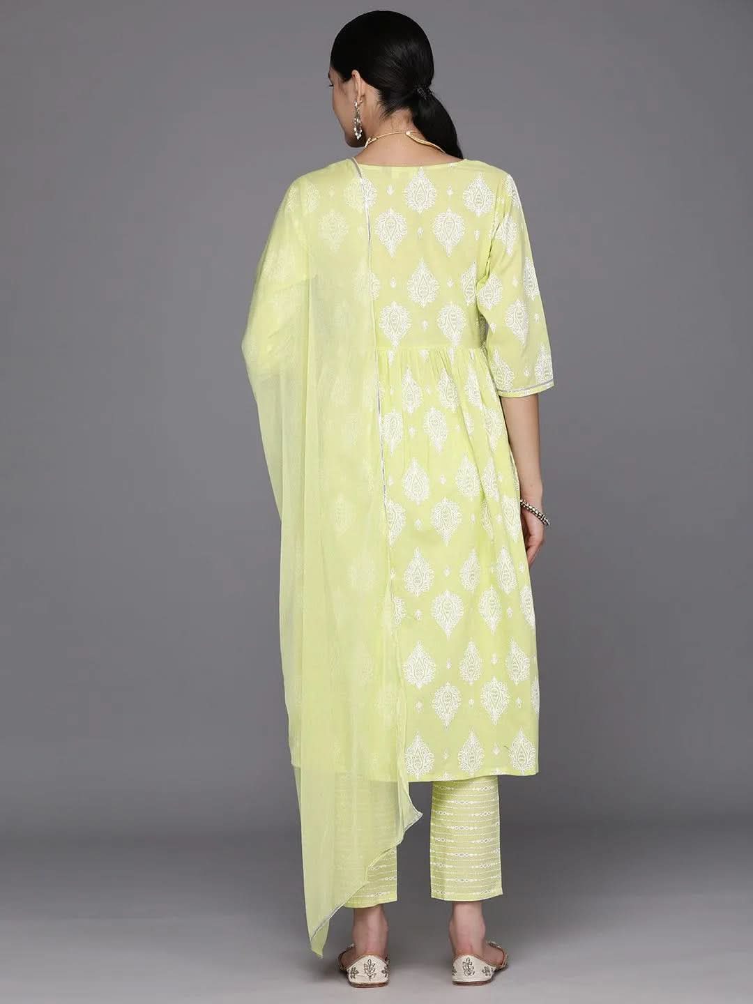 Green Yoke Design Cotton A-Line Suit Set With Trousers - Libas 