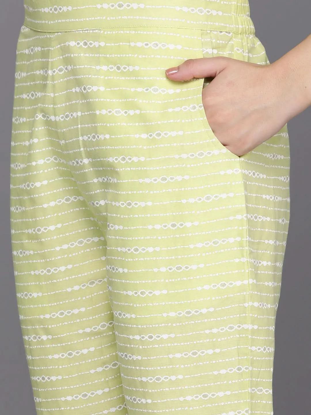 Green Yoke Design Cotton A-Line Suit Set With Trousers - Libas 