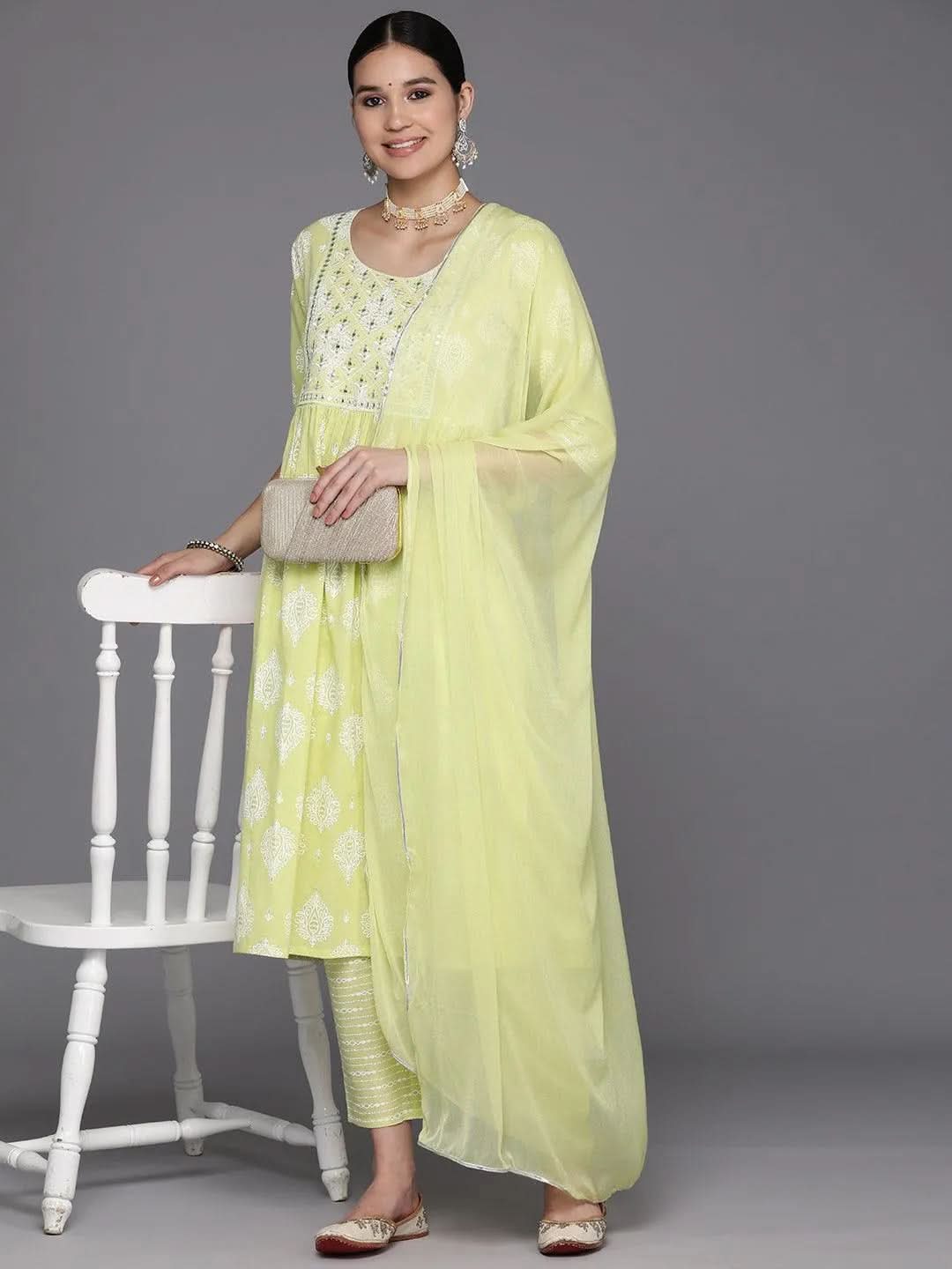 Green Yoke Design Cotton A-Line Suit Set With Trousers - Libas 