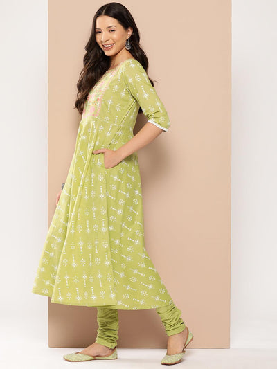 Green Yoke Design Cotton Anarkali Kurta With Churidar & Dupatta - Libas