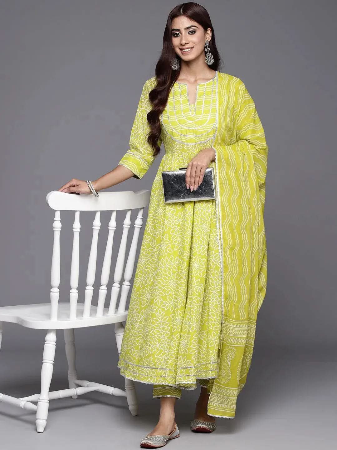 Sea Green & Yellow Colour Woven Design Square Neck Anarkali Kurta With Dupatta