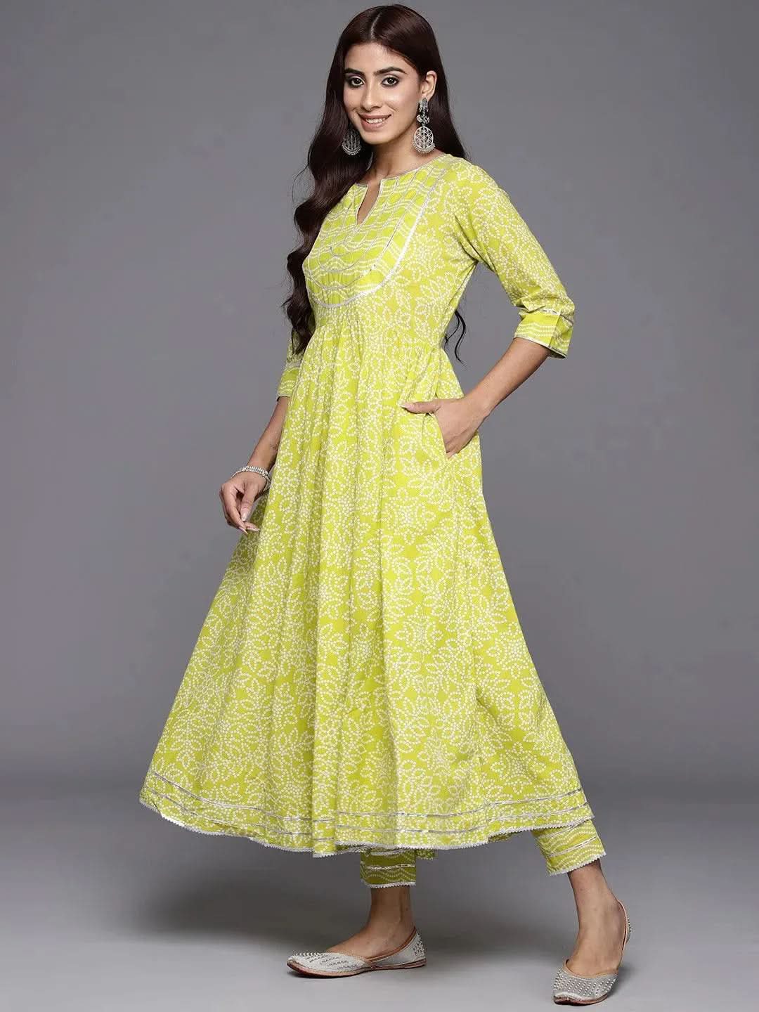 

Green Yoke Design Cotton Anarkali Kurta With Trousers & Dupatta