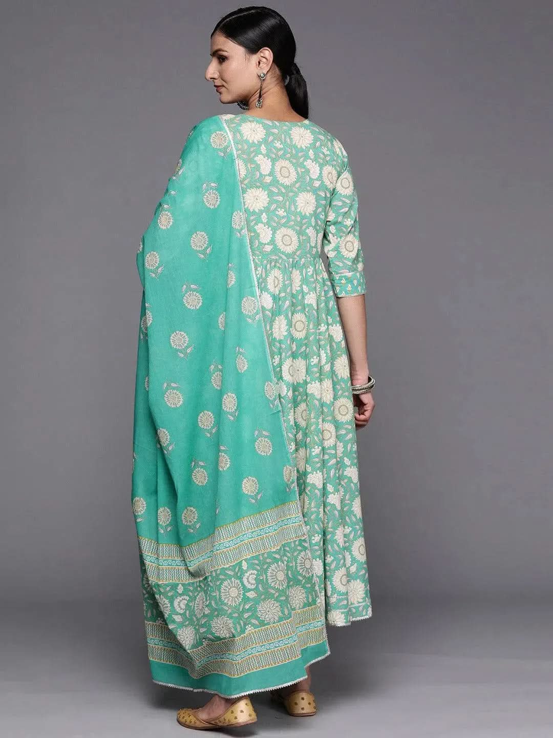 

Green Yoke Design Cotton Anarkali Kurta With Trousers & Dupatta