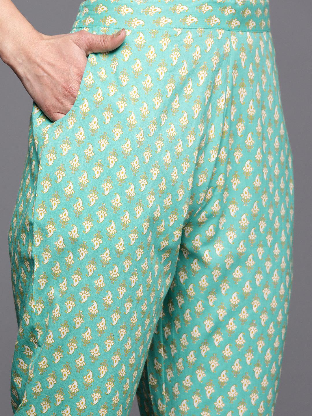 Green Yoke Design Cotton Anarkali Kurta With Trousers & Dupatta