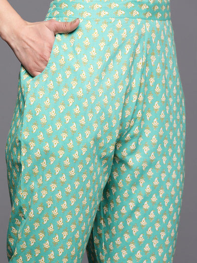 Green Yoke Design Cotton Anarkali Suit Set With Trousers - Libas