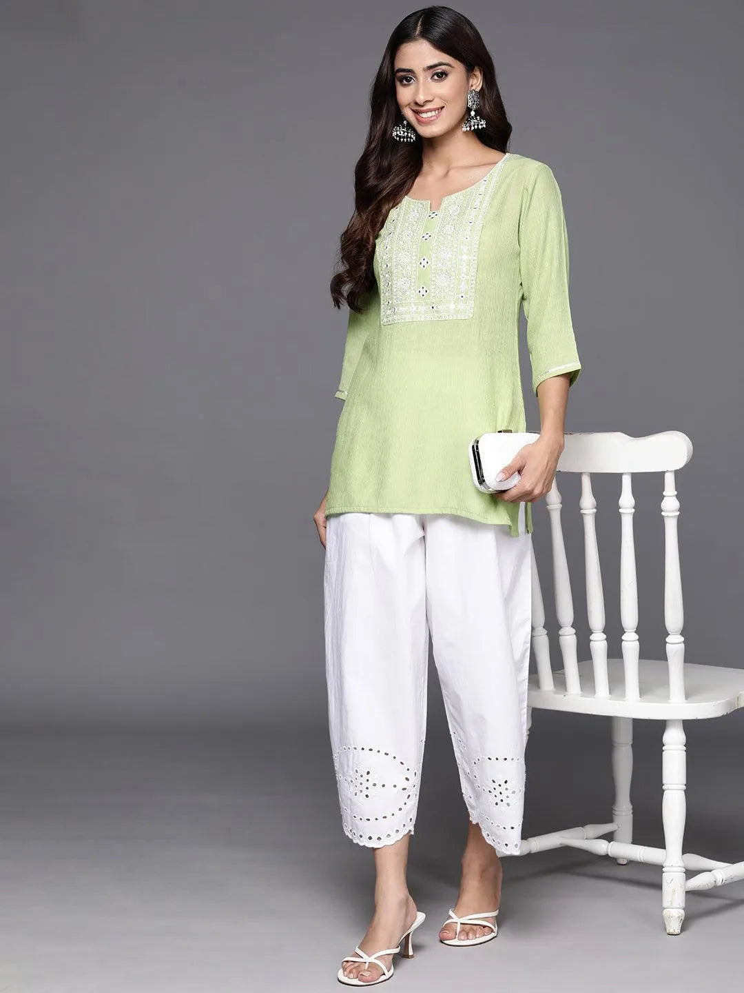 Green Yoke Design Cotton Blend Straight Kurti - Libas 