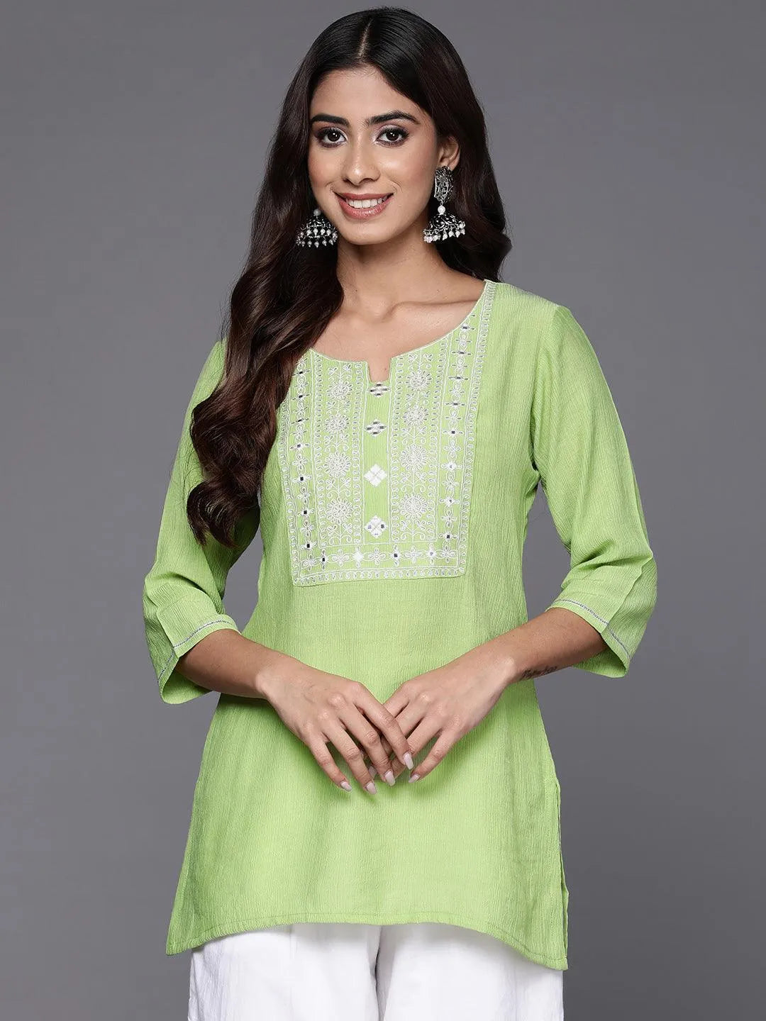 Green Yoke Design Cotton Blend Straight Kurti - Libas 