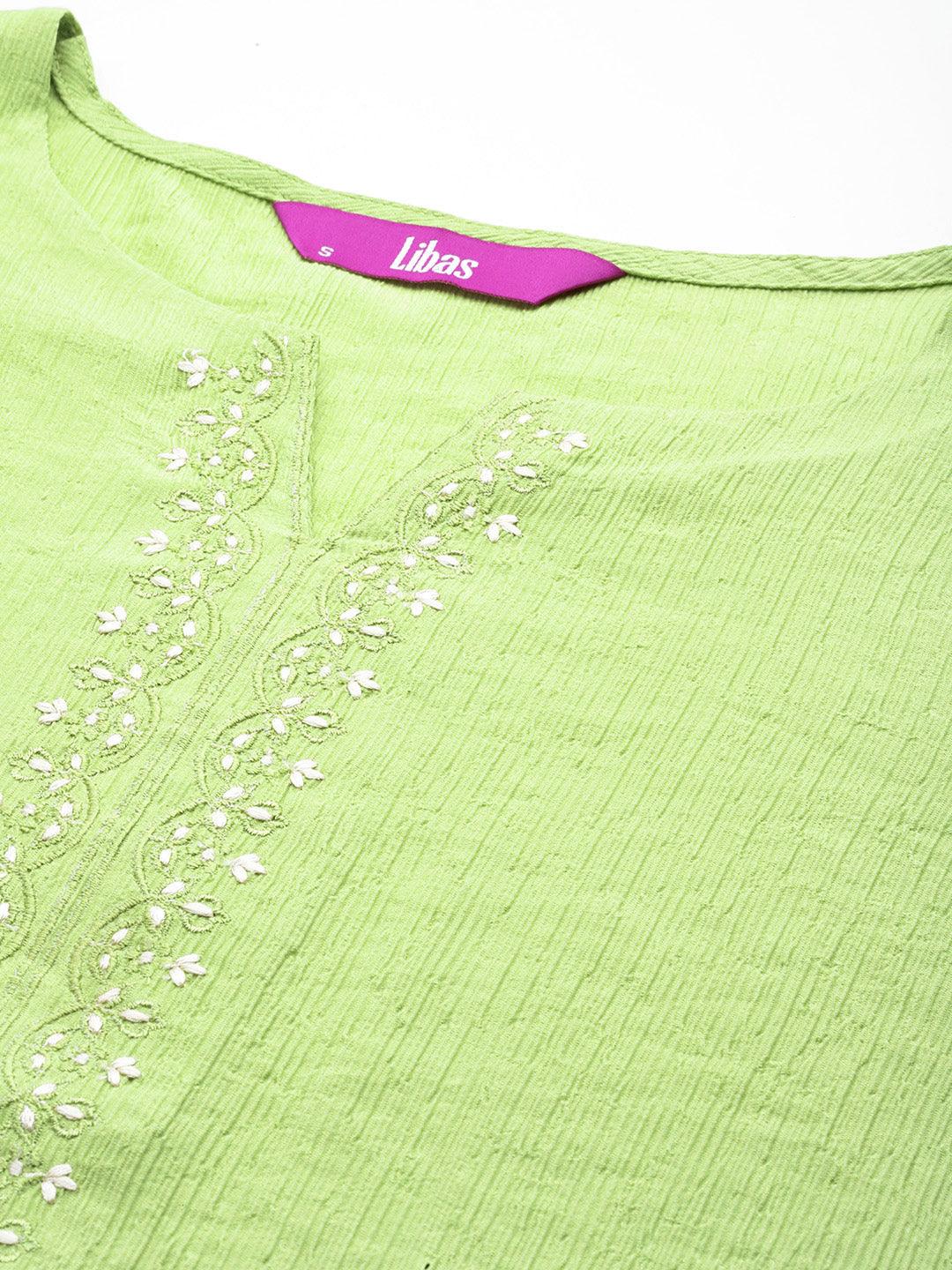 Green Yoke Design Cotton Blend Straight Kurti - Libas
