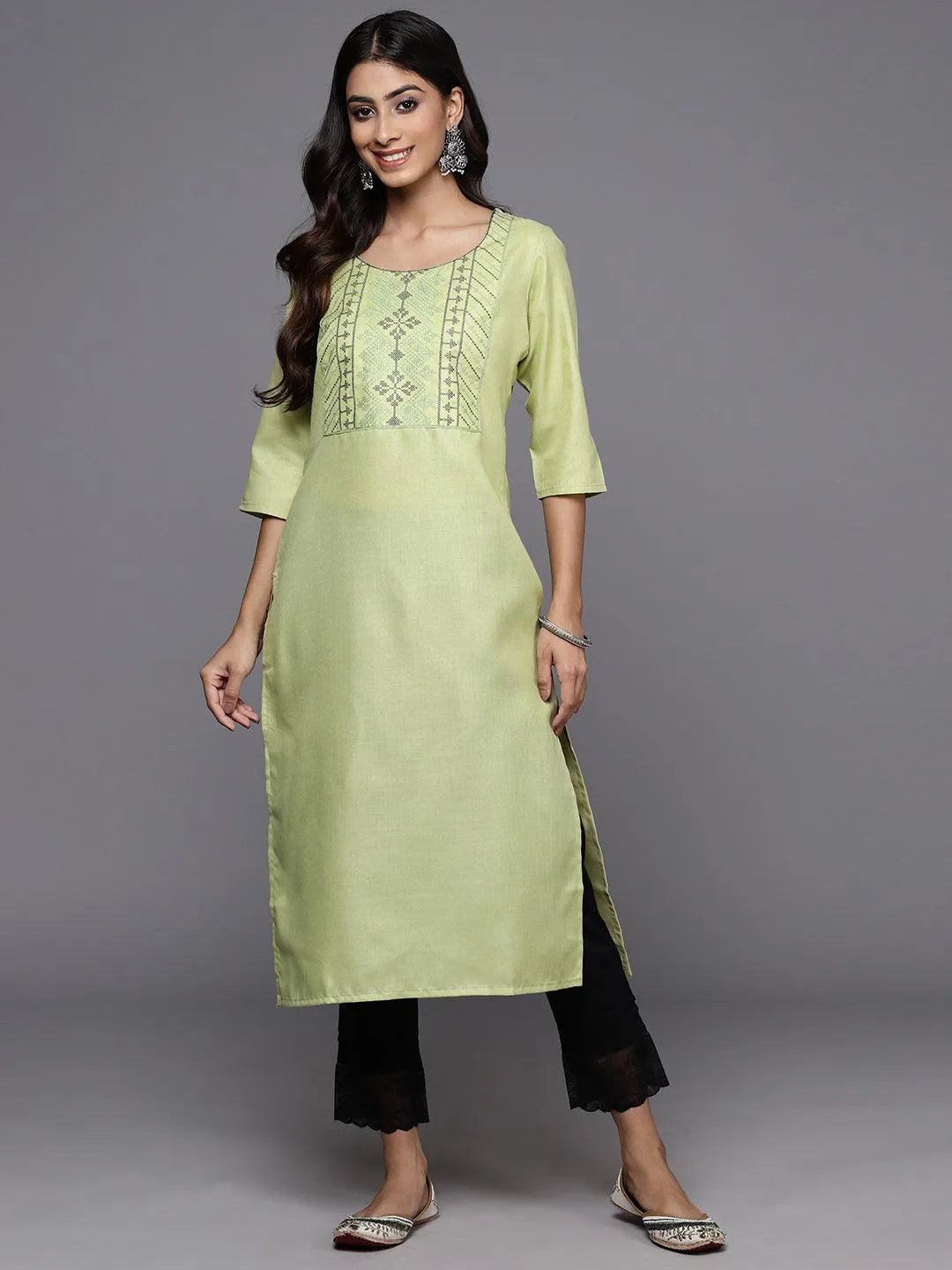 Green Yoke Design Cotton Straight Kurta - Libas