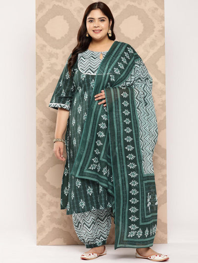 Green Yoke Design Cotton Straight Kurta With Salwar and Dupatta - Libas