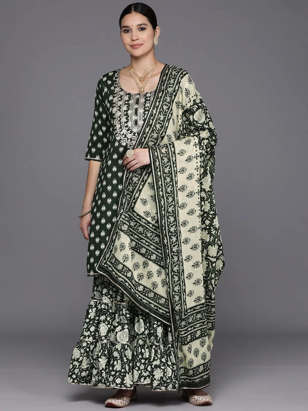 Green Yoke Design Cotton Straight Suit Set With Sharara - Libas 