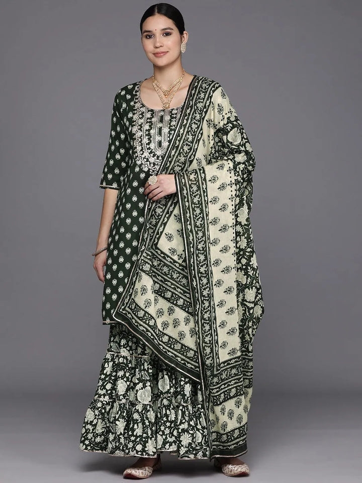 Green Yoke Design Cotton Straight Suit Set With Sharara - Libas