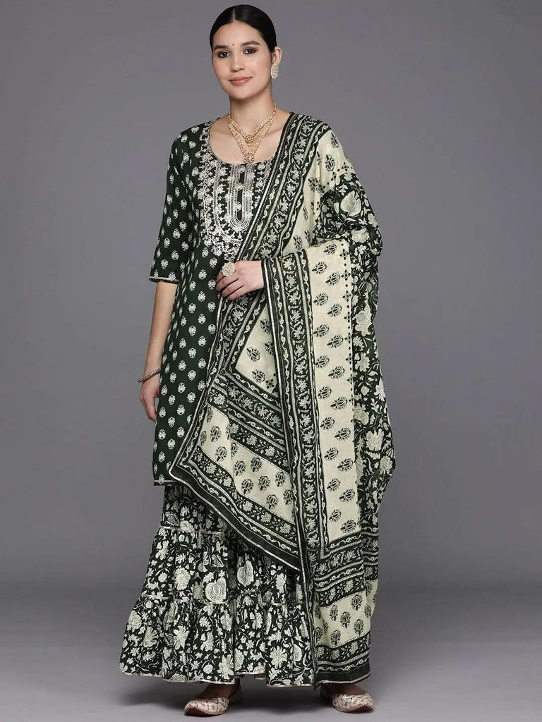 Libas Green Yoke Design Cotton Straight Sharara Suit Set With Dupatta