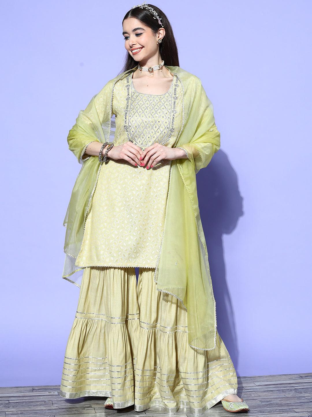 Green Yoke Design Cotton Straight Kurta With Sharara & Dupatta