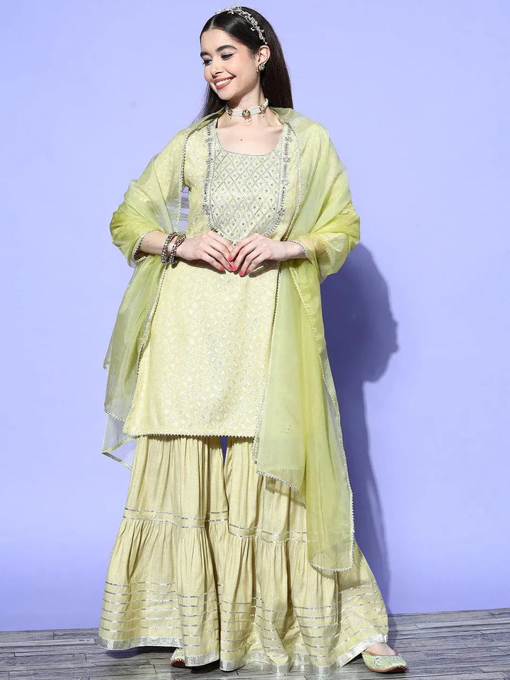 Green Yoke Design Cotton Straight Kurta With Sharara & Dupatta - Libas