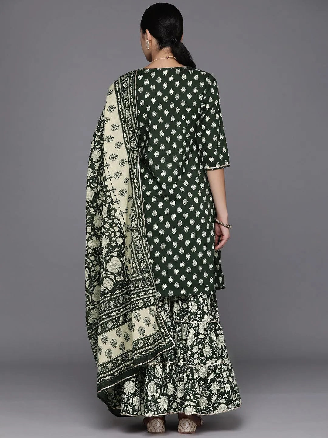 Green Yoke Design Cotton Straight Suit Set With Sharara - Libas 
