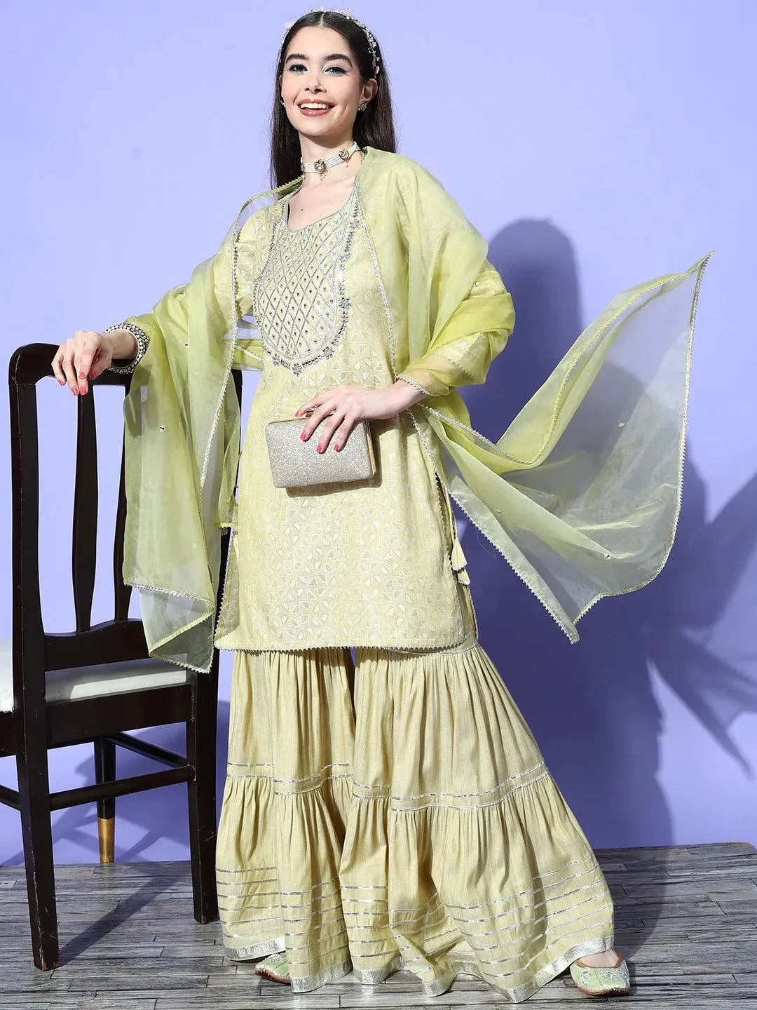 Green Yoke Design Cotton Straight Kurta With Sharara & Dupatta - Libas 
