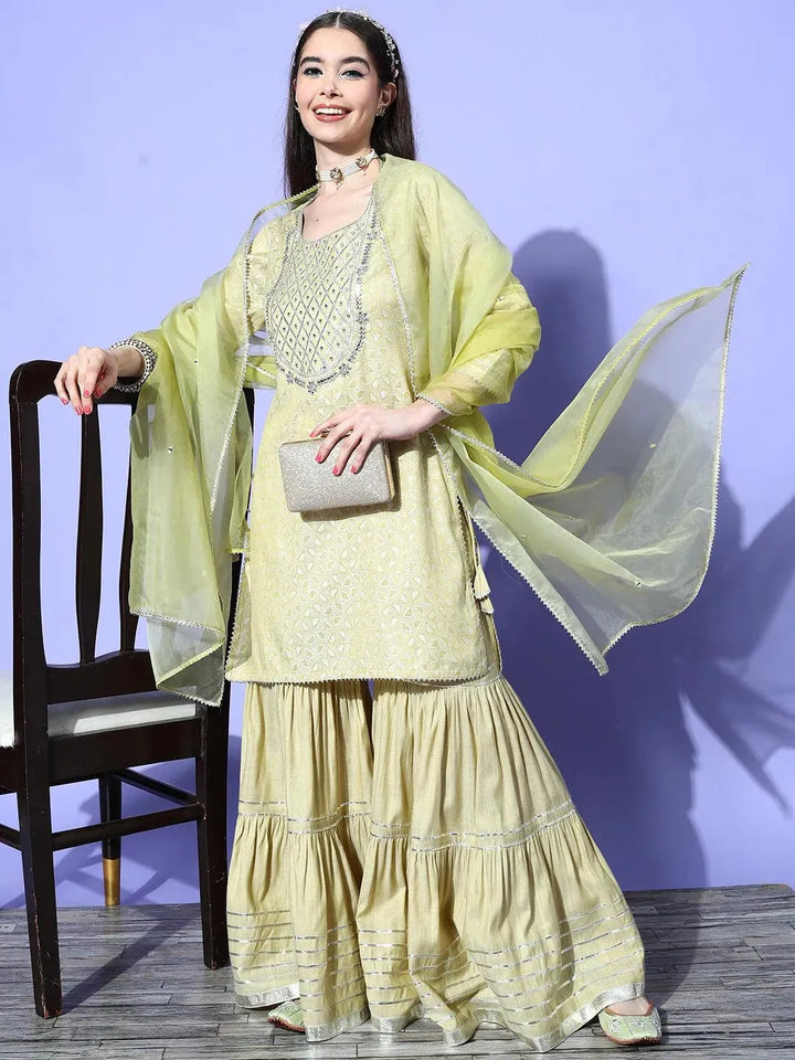 Green Yoke Design Cotton Straight Kurta With Sharara & Dupatta - Libas