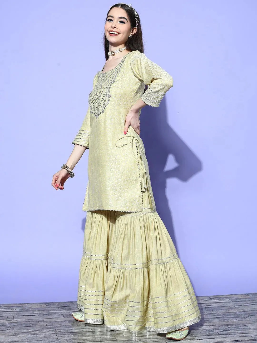 Green Yoke Design Cotton Straight Kurta With Sharara & Dupatta - Libas 