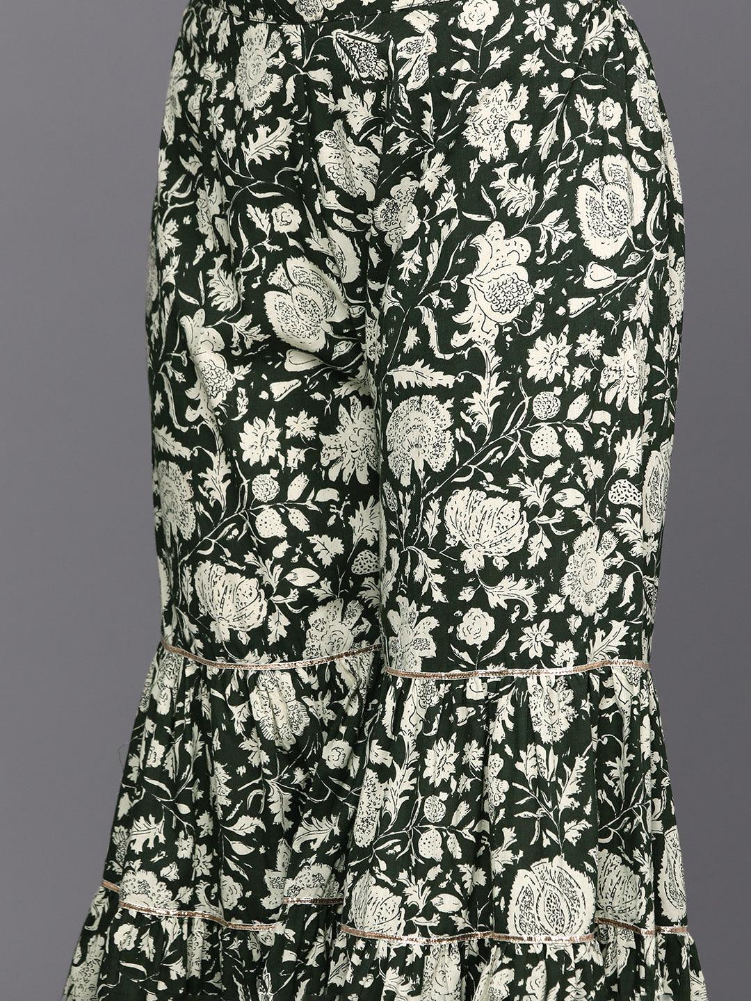 Green Yoke Design Cotton Straight Suit Set With Sharara - Libas