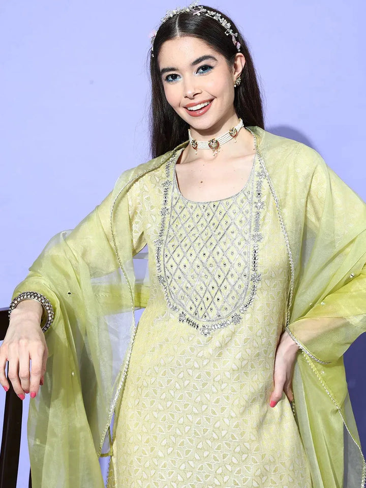 Green Yoke Design Cotton Straight Kurta With Sharara & Dupatta - Libas