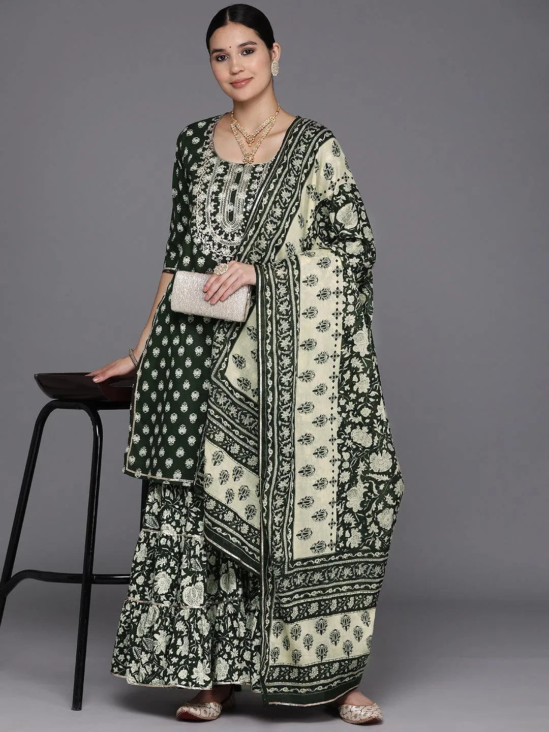 Green Yoke Design Cotton Straight Suit Set With Sharara - Libas