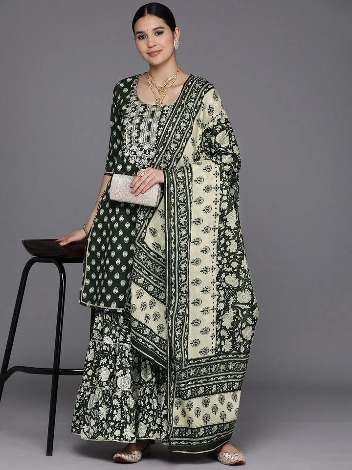 Green Yoke Design Cotton Straight Suit Set With Sharara - Libas