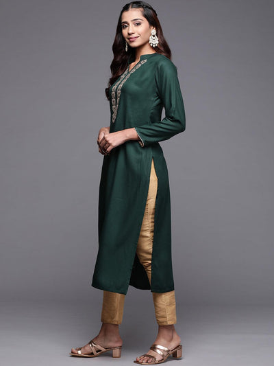 Green Yoke Design Pashmina Wool Straight Kurta - Libas
