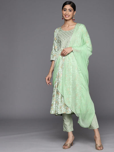 Green Yoke Design Rayon A-Line Suit Set With Trousers - Libas