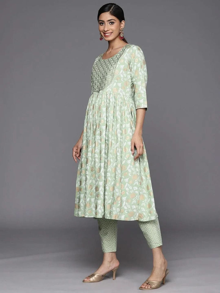 Green Yoke Design Rayon A-Line Suit Set With Trousers - Libas