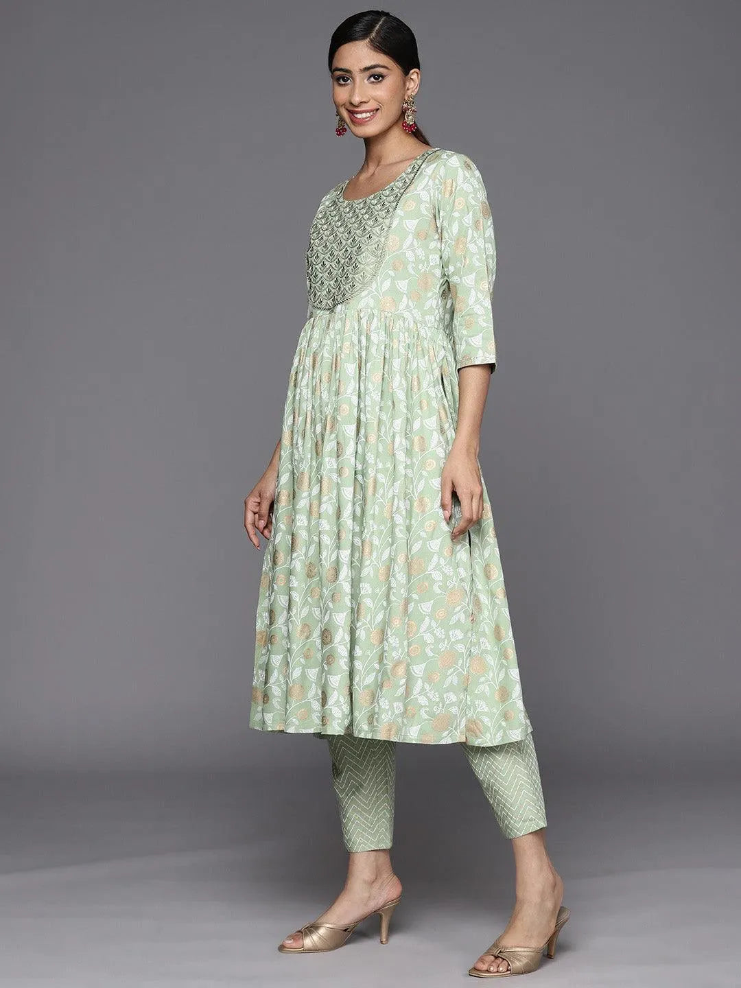 

Green Yoke Design Rayon A-Line Kurta With Trousers & Dupatta
