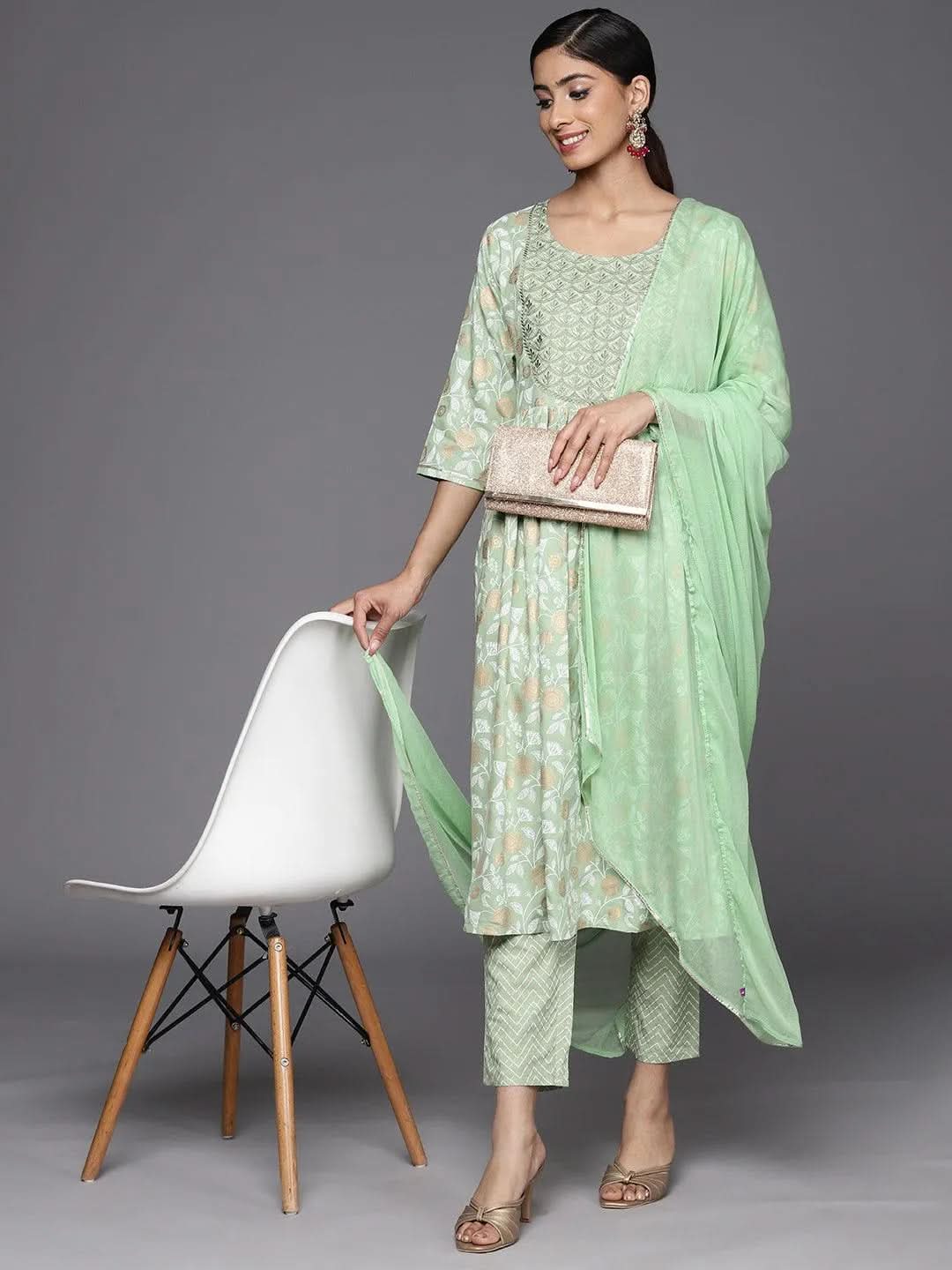Green Yoke Design Rayon A-Line Suit Set With Trousers - Libas 