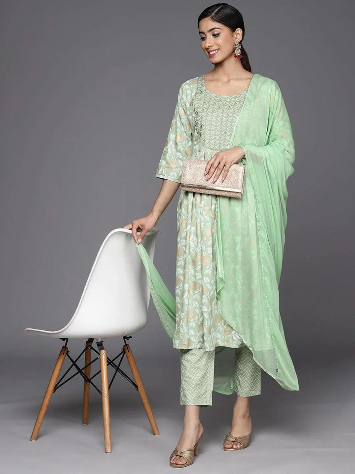 Green Yoke Design Rayon A-Line Suit Set With Trousers - Libas