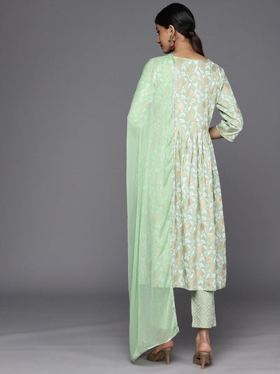Green Yoke Design Rayon A-Line Suit Set With Trousers - Libas
