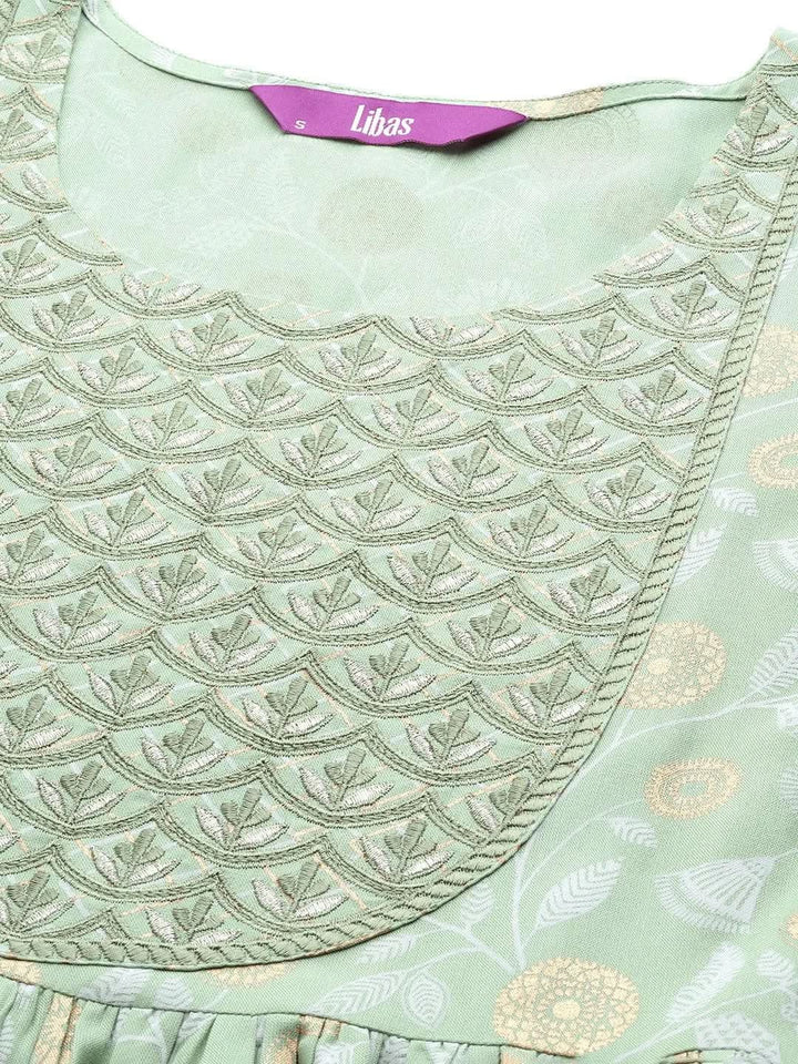 Green Yoke Design Rayon A-Line Suit Set With Trousers - Libas