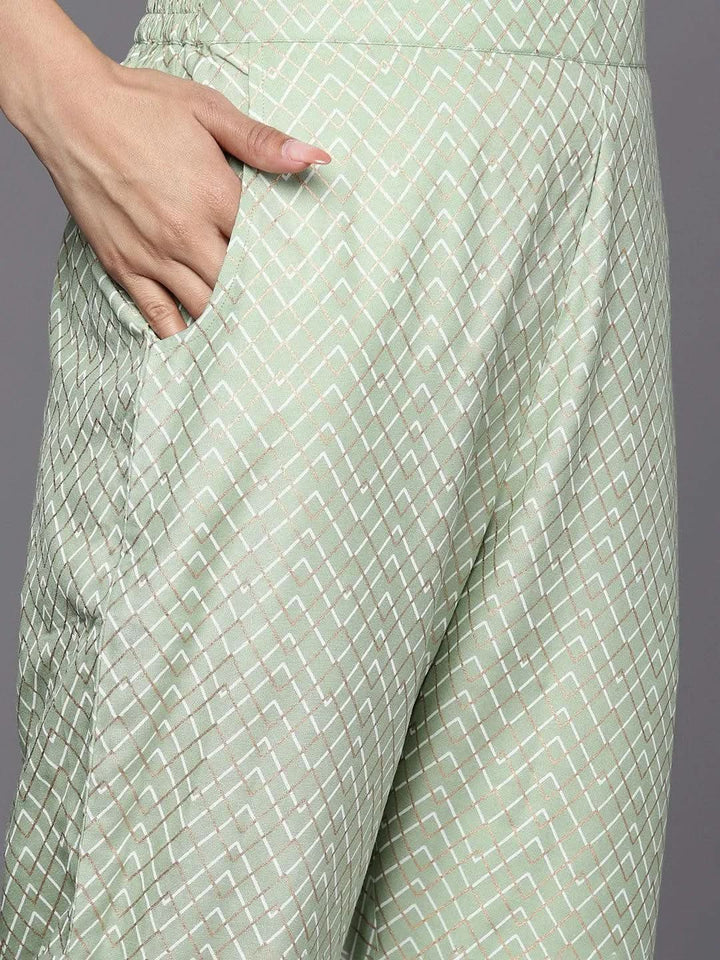 Green Yoke Design Rayon A-Line Suit Set With Trousers - Libas