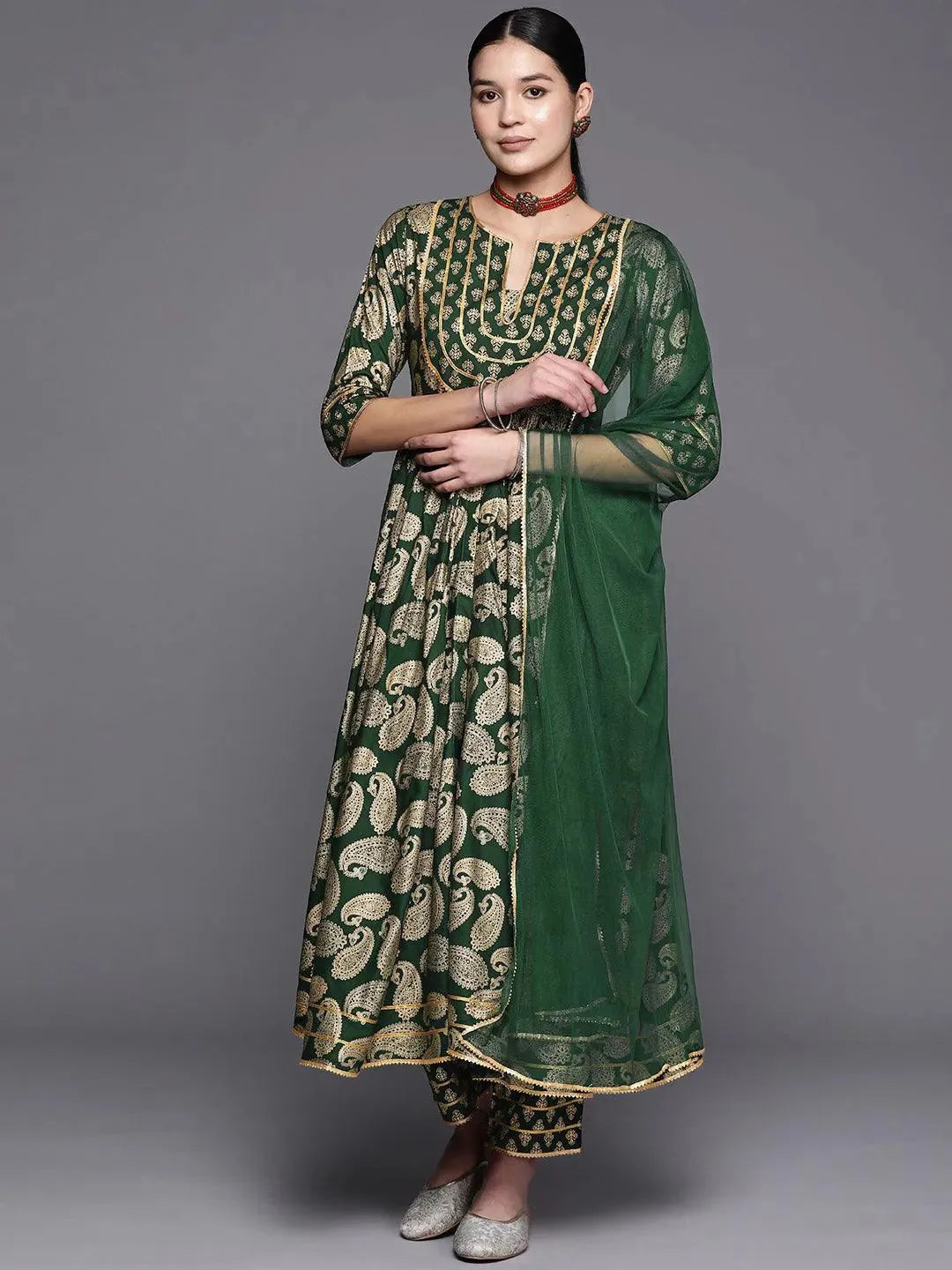 

Green Yoke Design Rayon Anarkali Kurta With Trousers & Dupatta