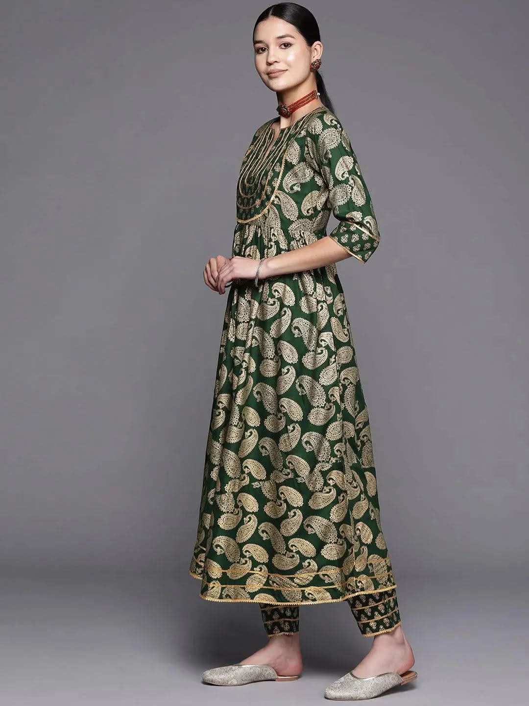 Green Yoke Design Rayon Anarkali Suit Set With Trousers - Libas 