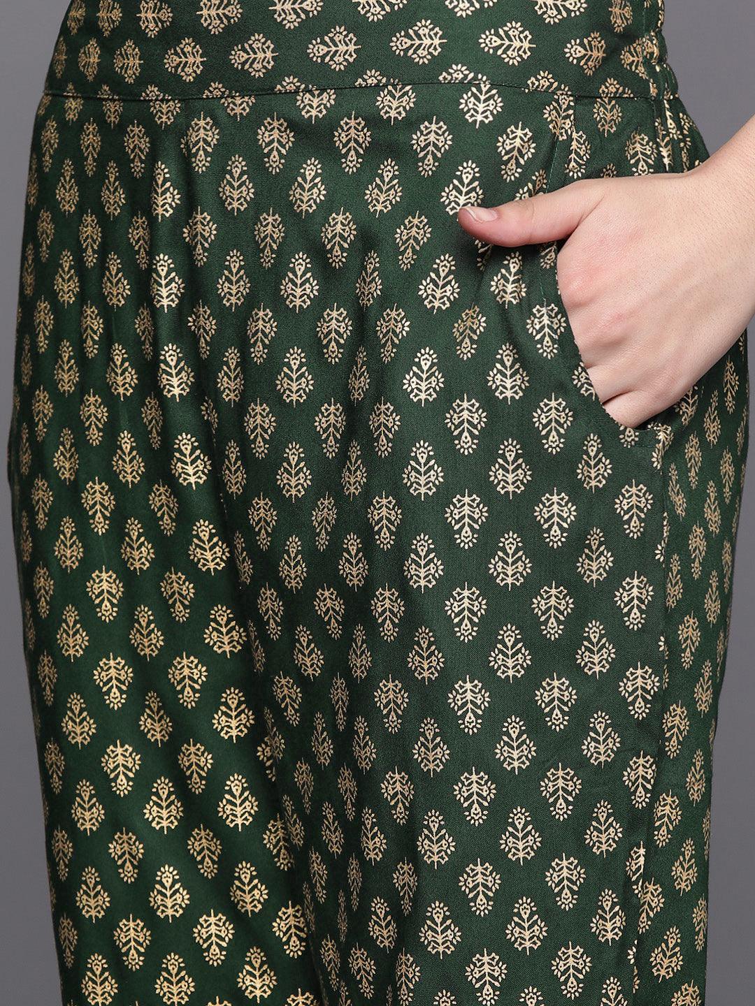 Green Yoke Design Rayon Anarkali Kurta With Trousers & Dupatta