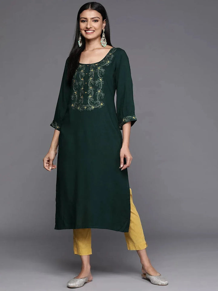 Green Yoke Design Rayon Straight Kurta - Libas