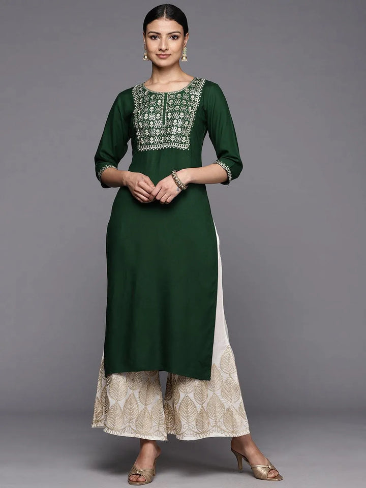 Green Printed Rayon Straight Kurta - Libas